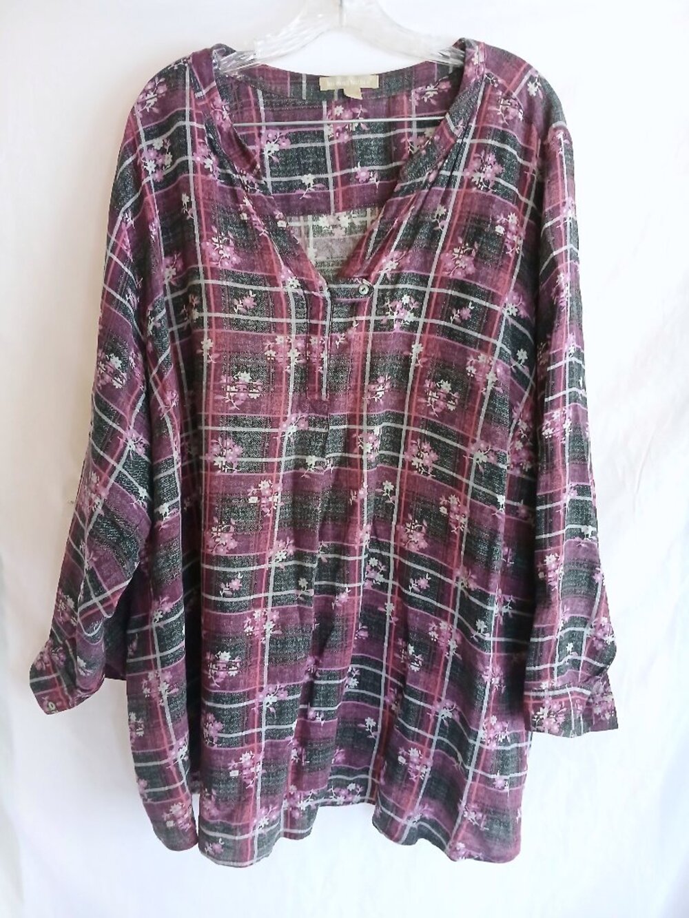Woman Within Purple Plaid Floral Tunic Top Shirt Plus 3X Boho Cottagecore 